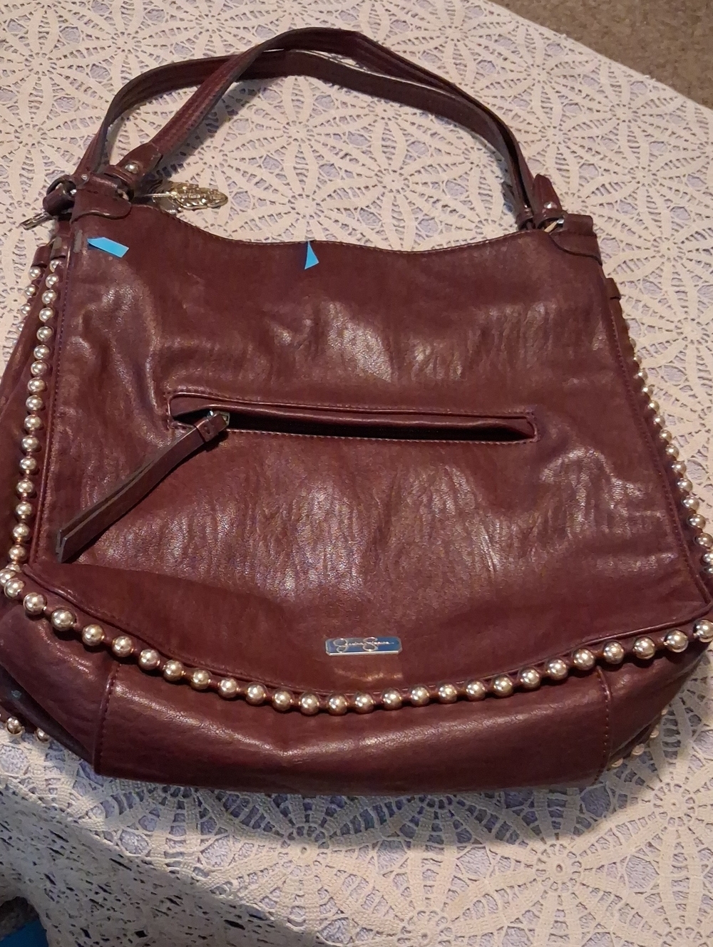 Studded Pearl Trim Maroon Tote Bag - Women